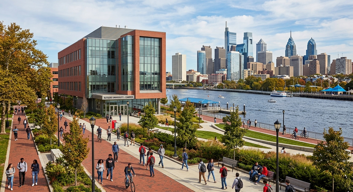 Rutgers University Camden campus along the Camden Waterfront in New Jersey, modern business school building with red brick architecture, students walking on tree-lined pathways, Philadelphia skyline visible across the Delaware River