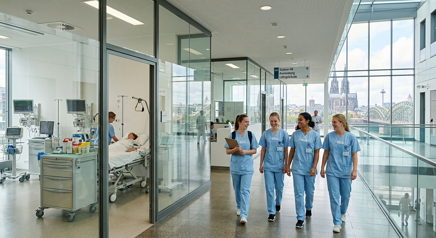 Modern university hospital building at University of Cologne with nursing students in clinical attire walking through bright corridors, medical equipment visible, Cologne cityscape in background