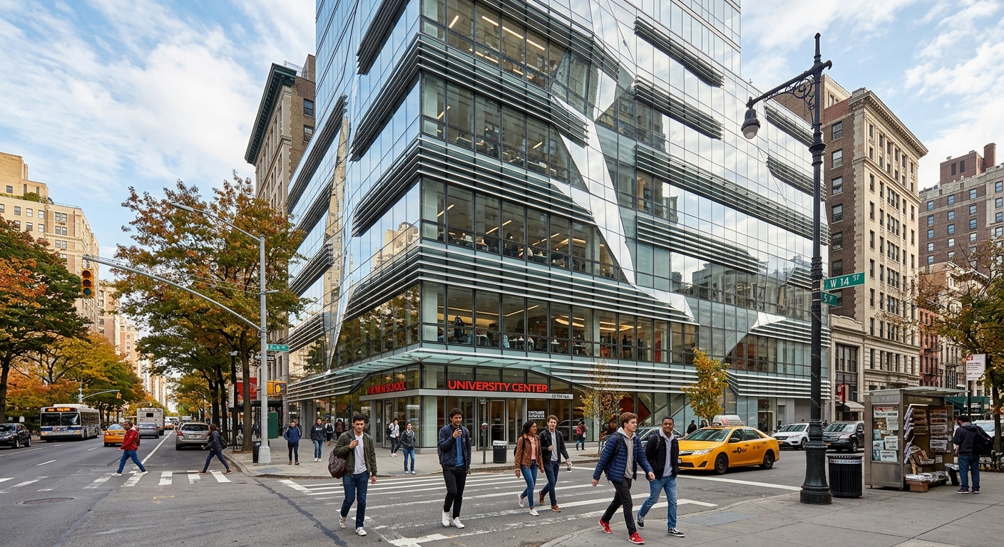 The New School University Center building at 65 Fifth Avenue in Greenwich Village New York City, modern glass and steel facade with students walking on the sidewalk, urban campus setting with tree-lined streets