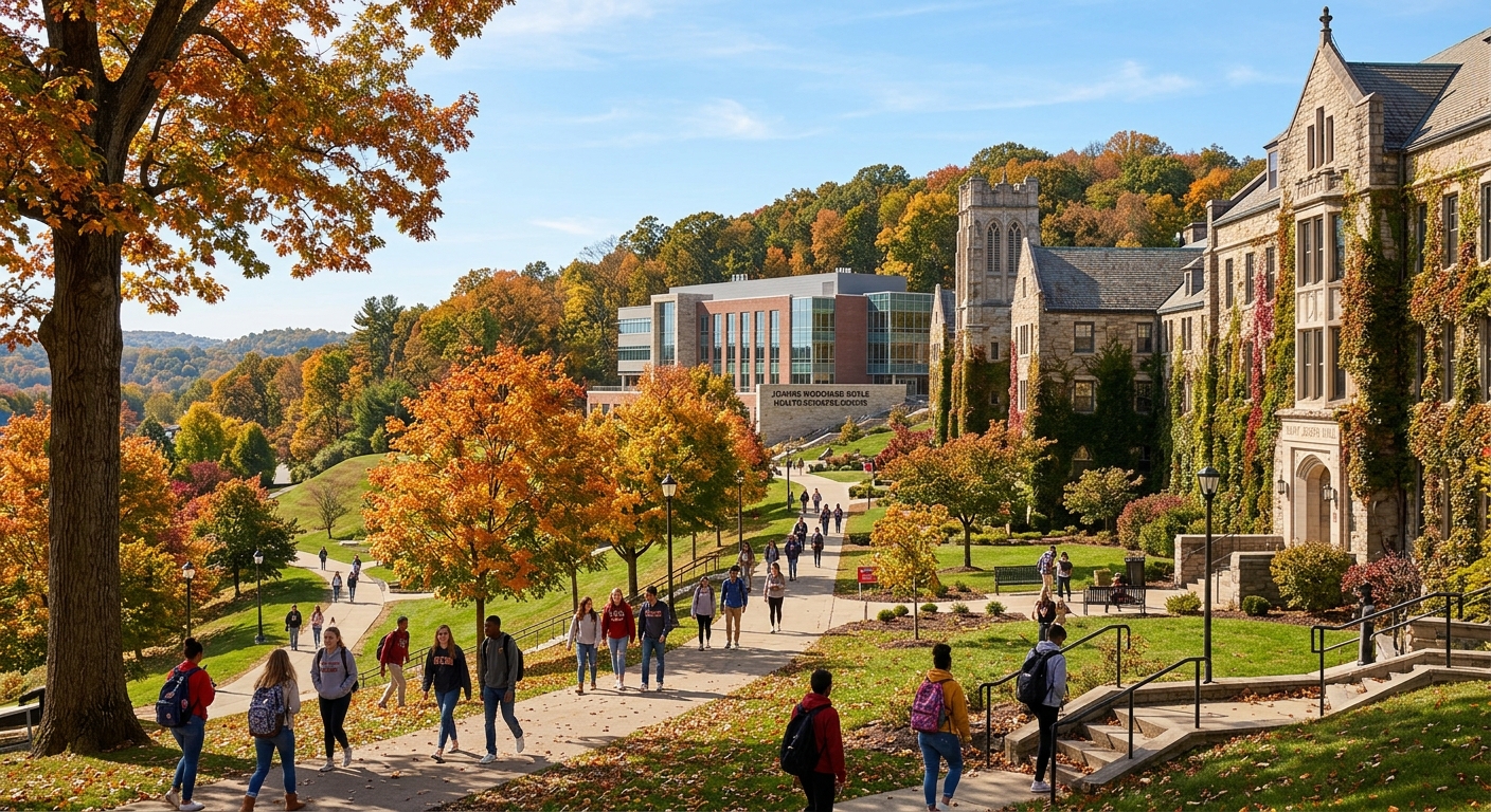 Seton Hill University campus in Greensburg Pennsylvania, historic stone buildings on a wooded hilltop, students walking along tree-lined pathways, Joanne Woodyard Boyle Health Sciences Center visible in background, bright autumn day