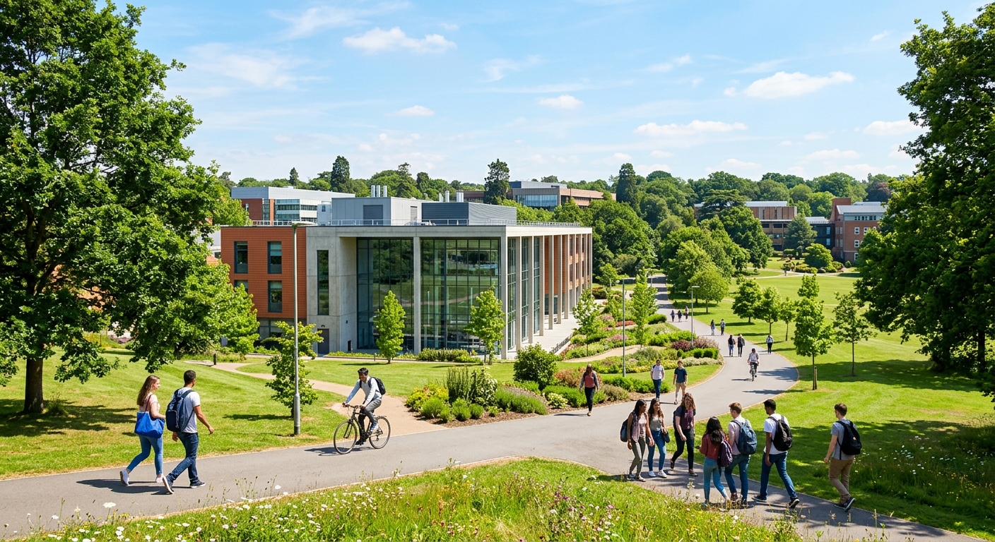 University of Reading Whiteknights campus with lush green parkland, modern science laboratory building, students walking along tree-lined pathways, bright daylight with blue sky