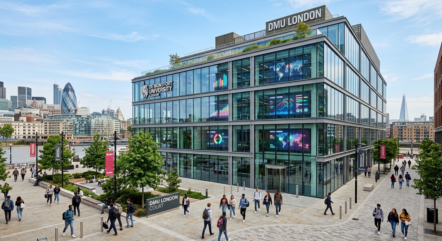 Modern university campus building at De Montfort University London with glass facade, students walking through courtyard, data visualization graphics overlaid on screens visible through windows, urban London setting with clear sky