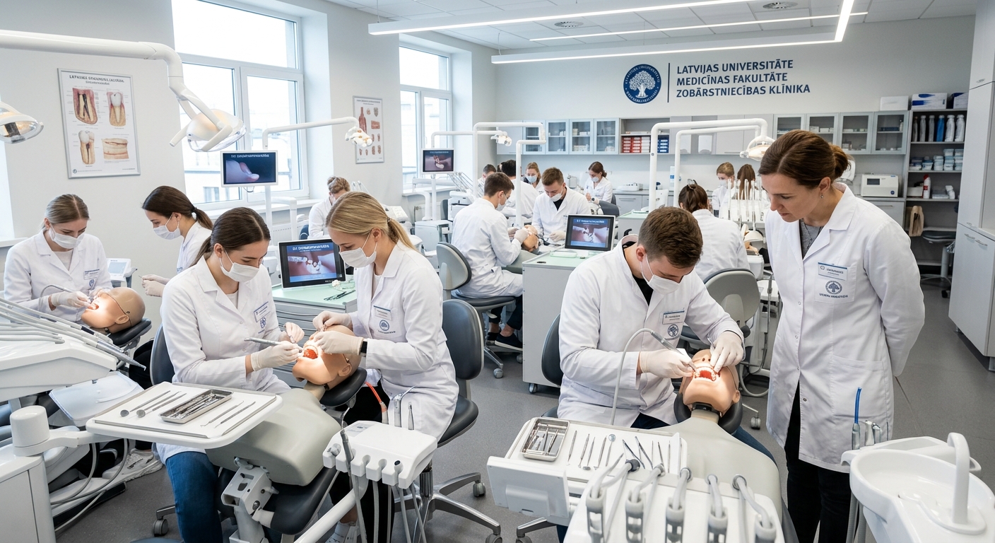 Modern dental clinic laboratory at the University of Latvia in Riga, students in white coats practicing on dental simulation mannequins, bright clinical lighting, professional dental equipment and tools visible