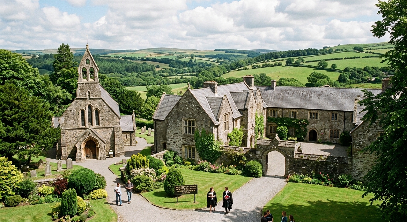 Historic Lampeter campus of University of Wales Trinity Saint David with stone buildings, green Welsh countryside, and a traditional chapel, evoking academic heritage and theological study