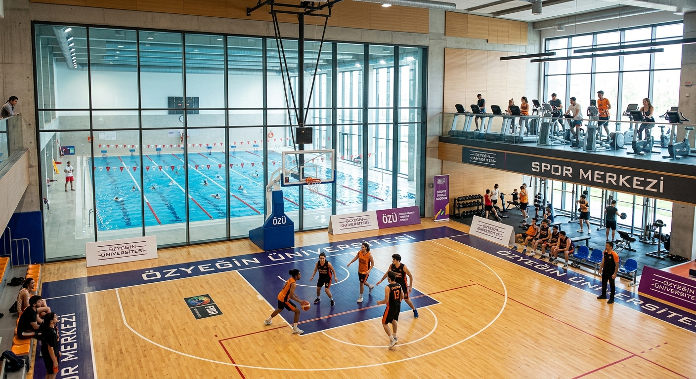 Özyeğin University indoor sports arena with basketball court, semi-Olympic swimming pool visible through glass walls, modern fitness equipment area, students exercising