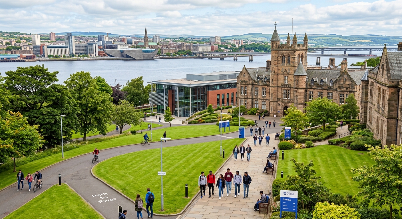 University of Dundee campus in Scotland with historic stone buildings and modern facilities, green lawns, students walking along pathways, overlooking the River Tay with Dundee city skyline in the background