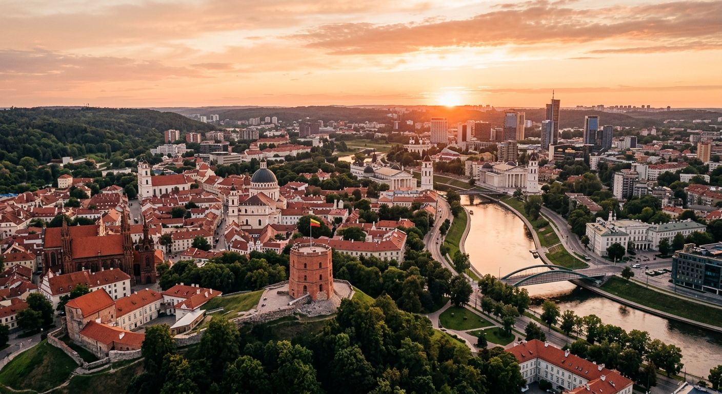 Vilnius Old Town panoramic view, baroque churches and red rooftops, Gediminas Tower on hilltop, Neris River flowing through the city, golden hour lighting, European capital cityscape