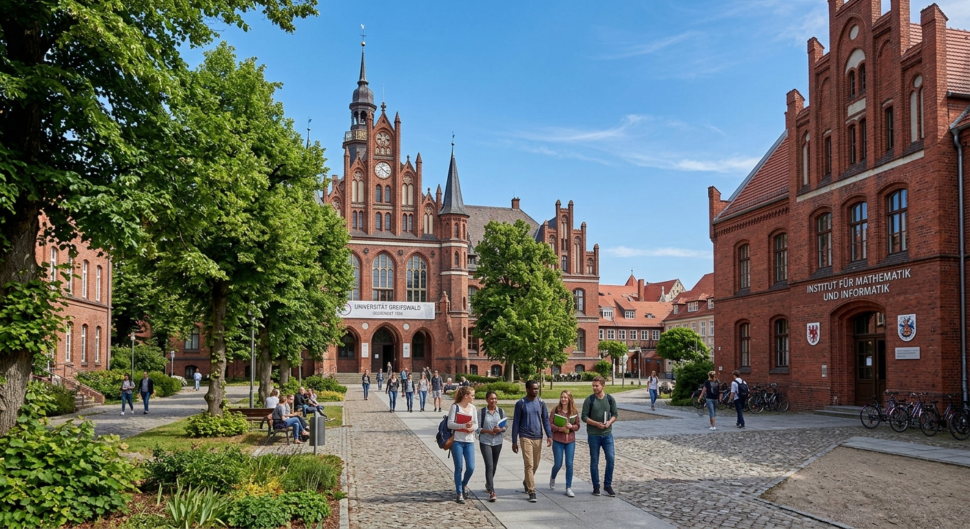 Historic University of Greifswald campus building with red brick architecture, students walking through tree-lined courtyard, Institute of Mathematics and Computer Science, clear blue sky, Baltic Sea region setting