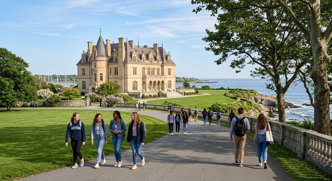Historic Ochre Court mansion at Salve Regina University in Newport Rhode Island, with lush green lawns and ocean views in the background, students walking along tree-lined paths on the scenic coastal campus