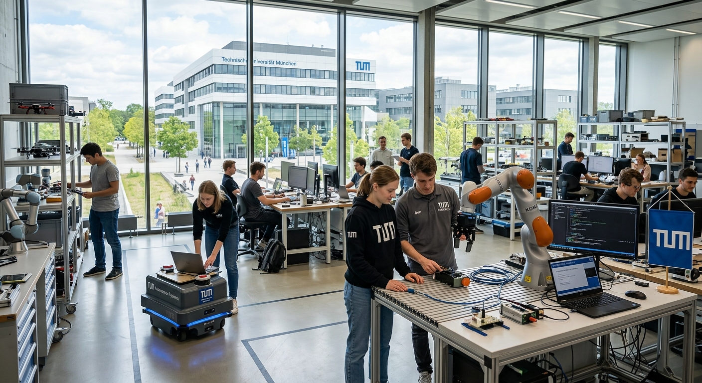 Modern robotics laboratory at TUM Garching campus with robotic arms, autonomous mobile robots, and students working on intelligent systems, with the Technical University of Munich building visible through large windows