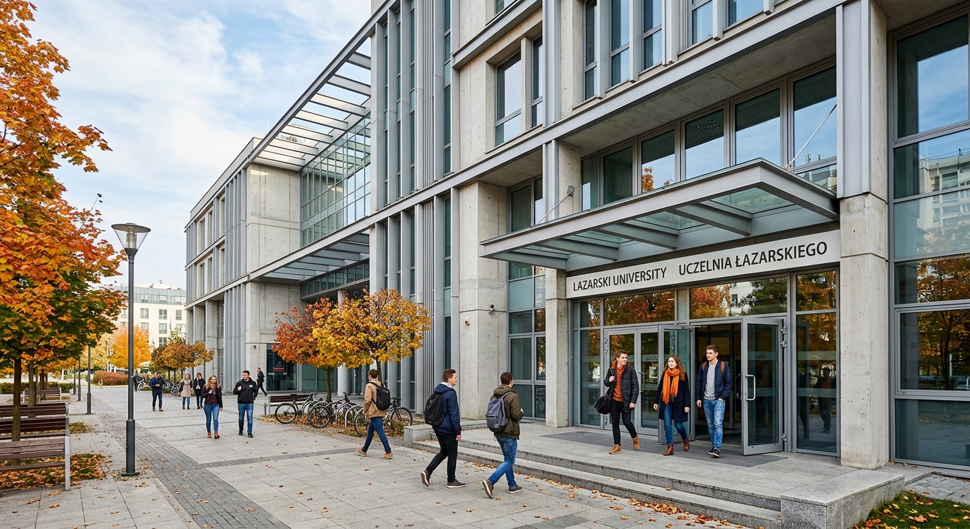 Lazarski University main building exterior, modern academic architecture in Warsaw Mokotow district, glass and concrete facade, students entering through main entrance, autumn trees