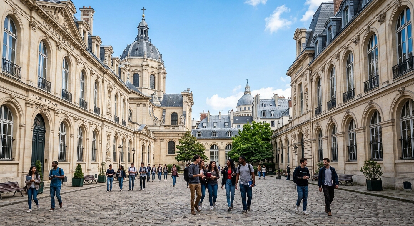 Historic Sorbonne University campus in Paris Latin Quarter, elegant stone buildings with arched windows, students walking through courtyard, Parisian rooftops and blue sky in background