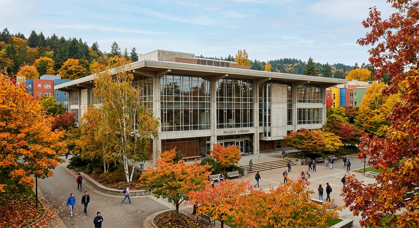 Western Washington University Wilson Library exterior showing modernist architecture with large windows and surrounding trees in autumn colors