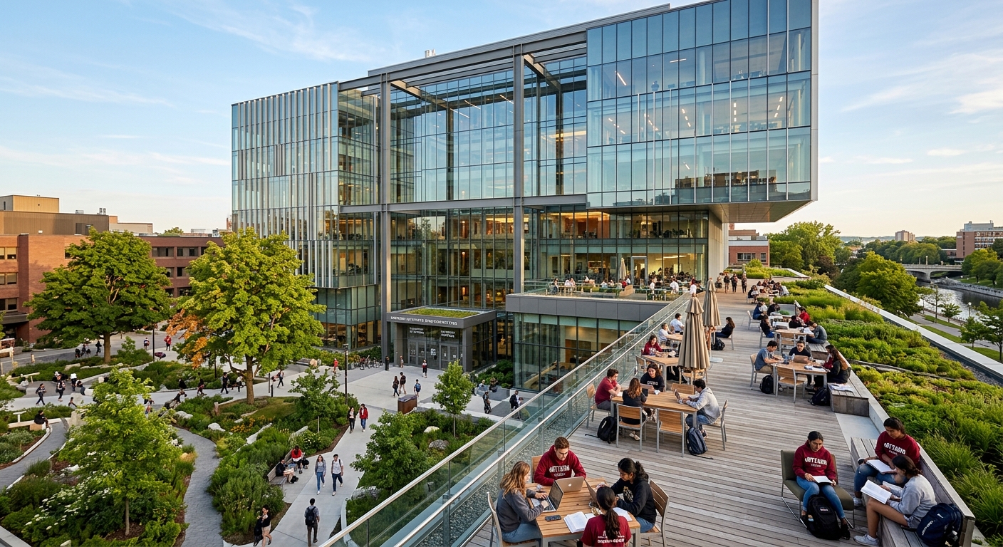 University of Ottawa STEM Complex modern glass and steel building, students studying on outdoor terraces, green landscaping, contemporary architecture
