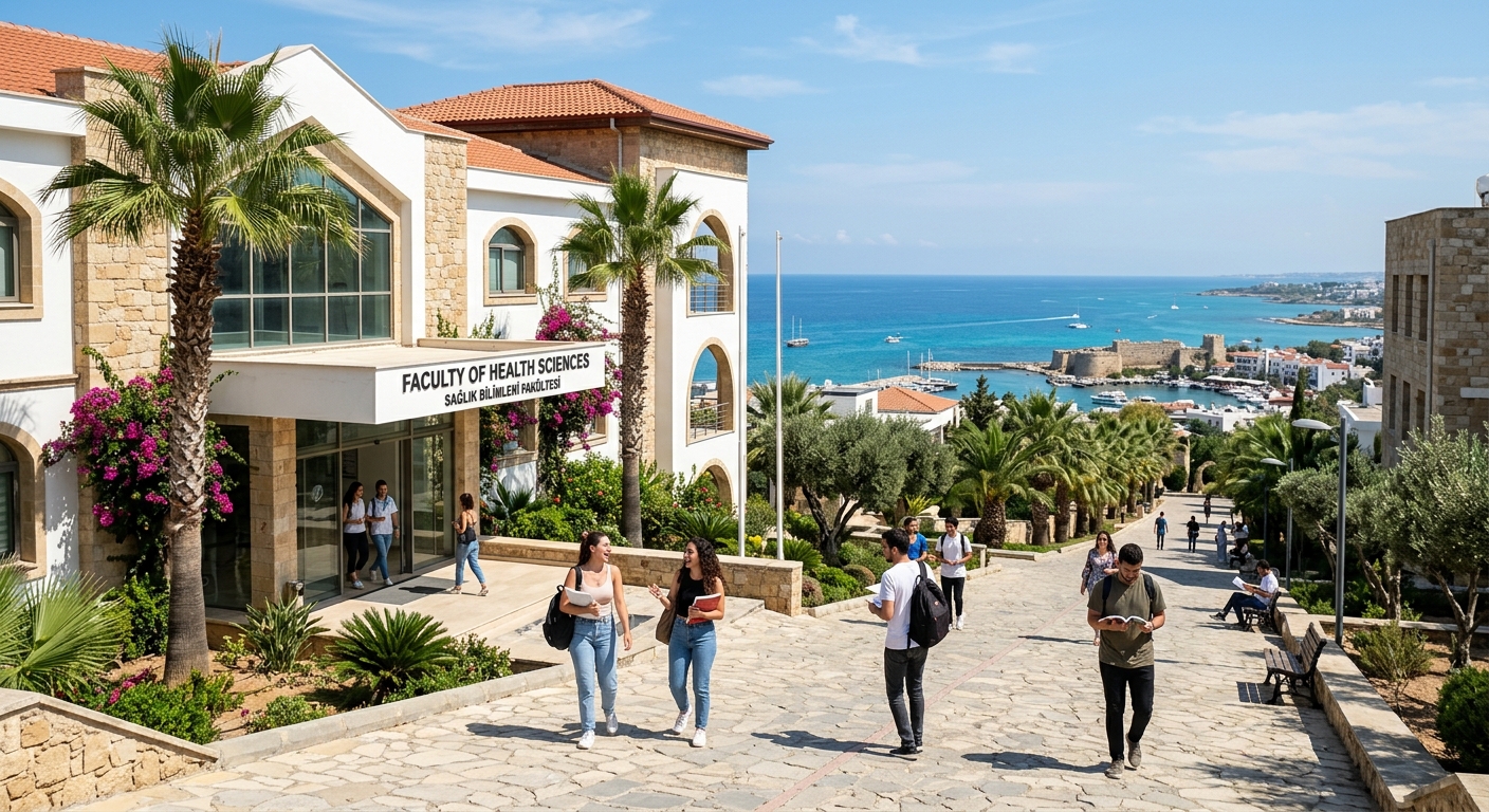 Modern university campus in Kyrenia, Northern Cyprus with Mediterranean architecture, palm trees, health sciences building entrance, students walking on sunlit pathways with sea views in the background