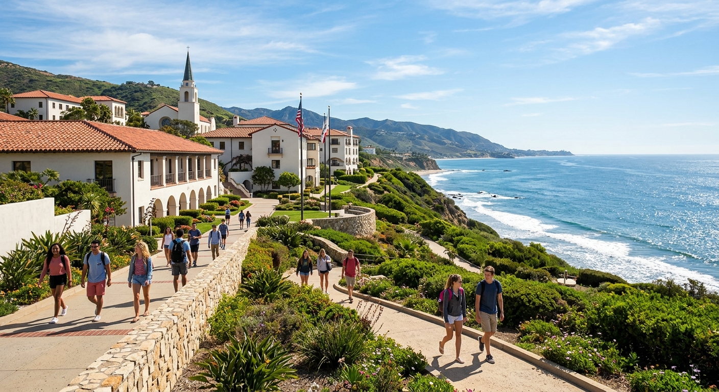 Pepperdine University Malibu campus overlooking the Pacific Ocean, Mediterranean-style white stucco buildings with red tile roofs, lush green hillside, students walking on sunlit pathways with ocean views in the background