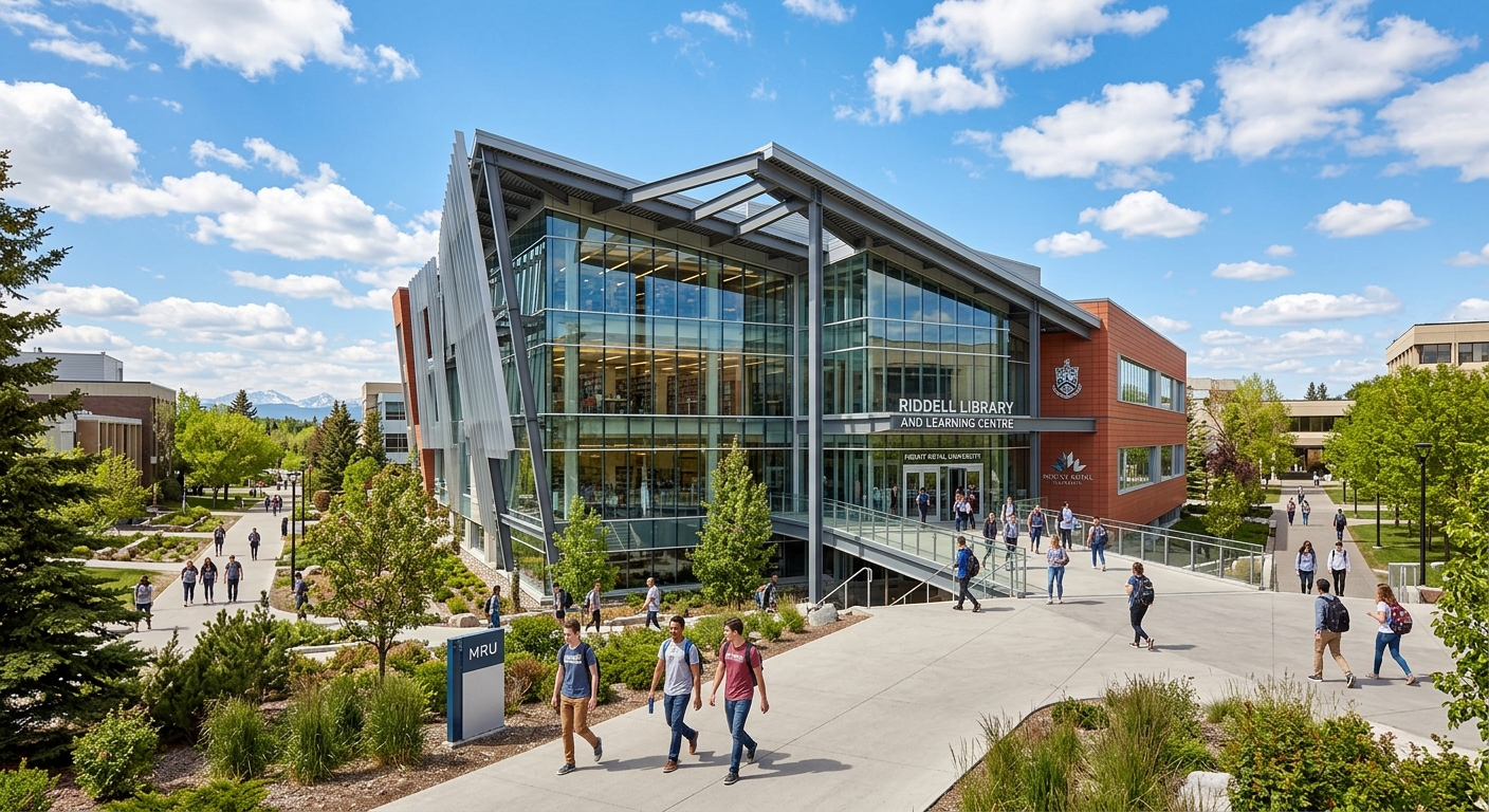 Riddell Library and Learning Centre at Mount Royal University, modern glass and steel architecture, students walking on pathways, sunny day with blue sky