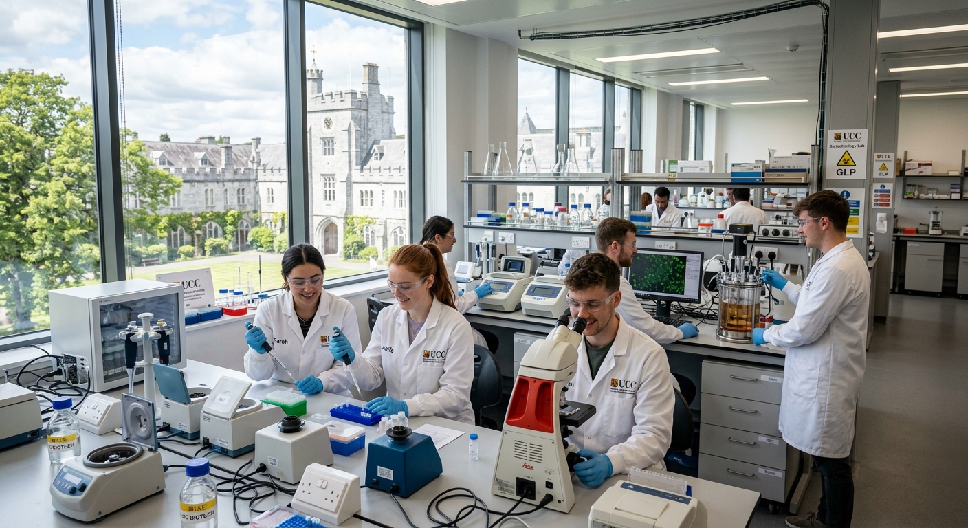 Modern science laboratory at University College Cork with students in lab coats conducting biotechnology experiments, microscopes and biotech equipment visible, bright natural light streaming through large windows, historic limestone campus buildings in background