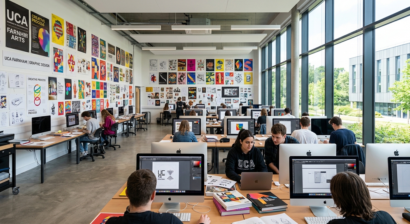 University for the Creative Arts Farnham campus, modern creative studios with large windows, students working on graphic design projects at Mac workstations, colorful design work displayed on walls, natural light flooding the open-plan studio space