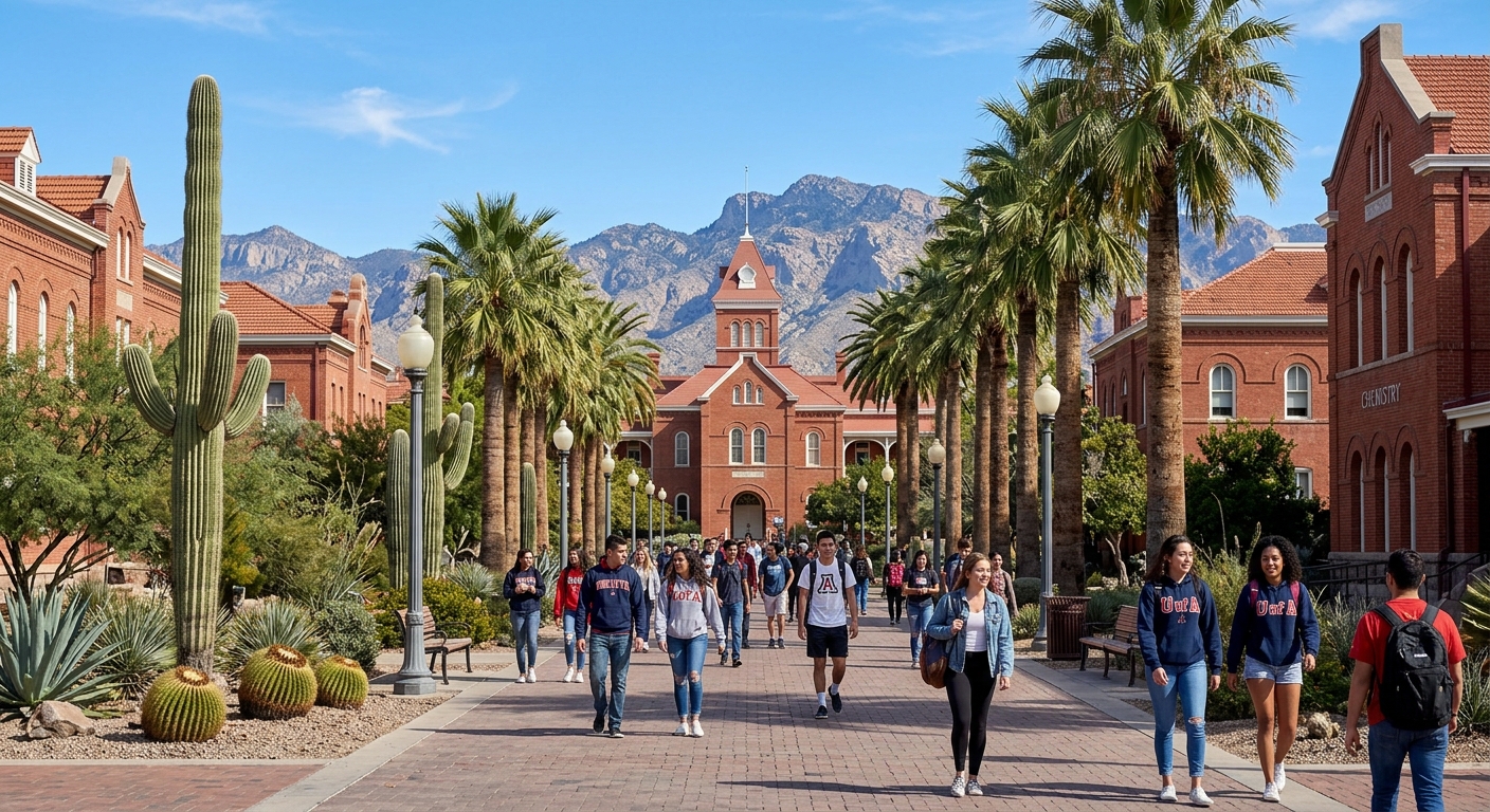 University of Arizona campus in Tucson with red brick buildings, desert landscaping with saguaro cacti, students walking along palm-lined pathways under clear blue skies, Sonoran Desert mountains in the background