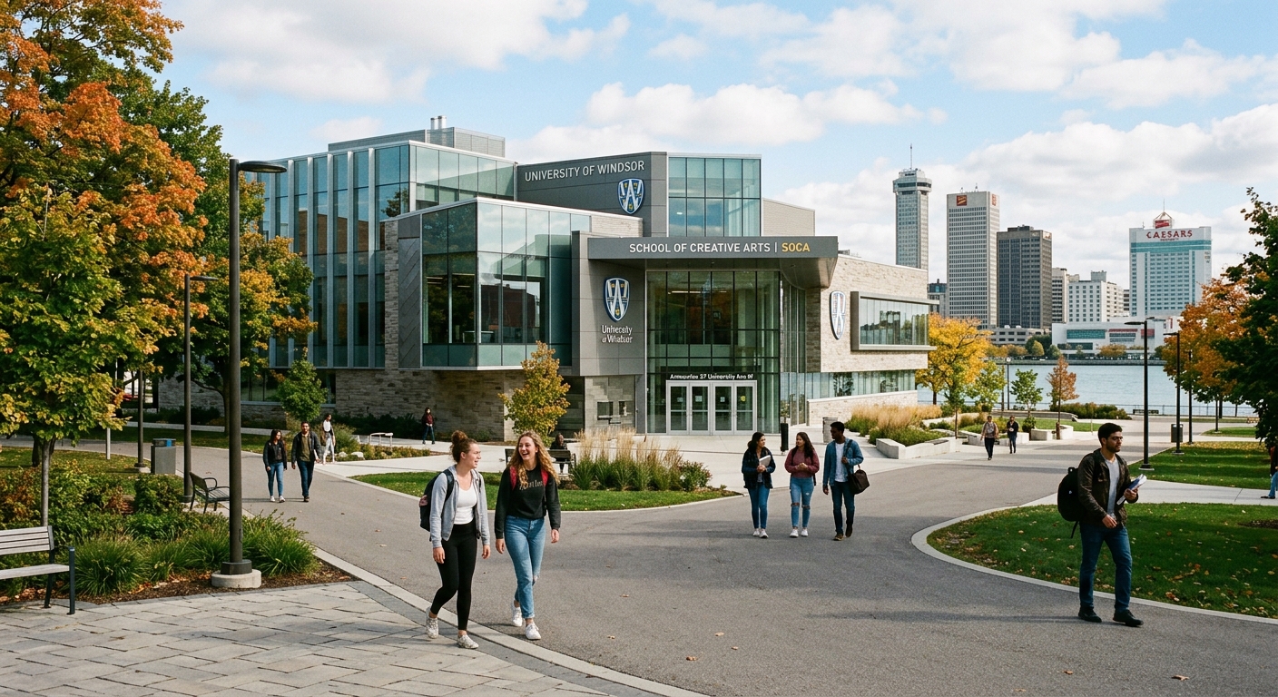 University of Windsor School of Creative Arts building exterior with modern architecture, students walking on campus pathways surrounded by green trees, Windsor Ontario Canada skyline in background