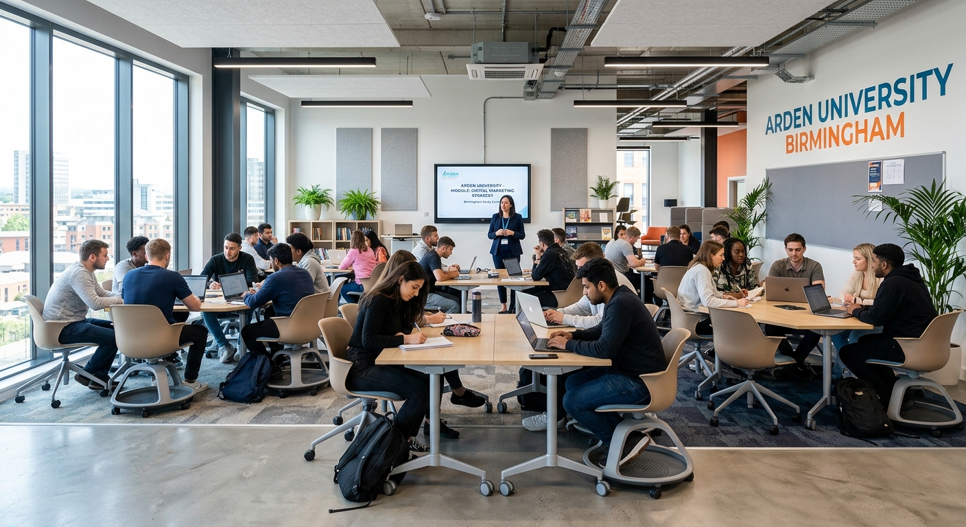 Arden University Birmingham study centre interior, modern open-plan classroom with students at desks, large windows, contemporary furniture, bright lighting