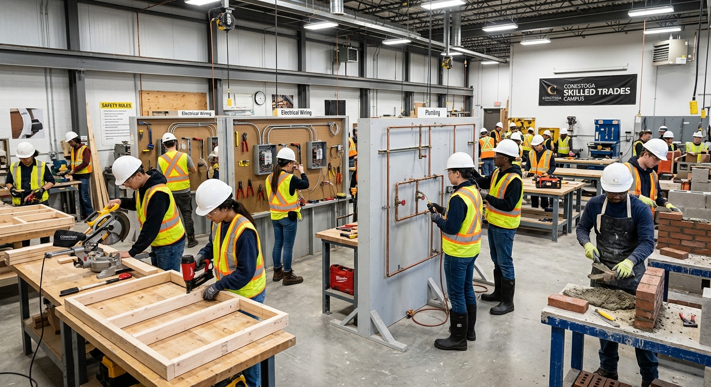 Conestoga College Skilled Trades Campus workshop with students in safety gear practicing masonry, plumbing, electrical wiring, and carpentry skills under bright workshop lighting with professional tools and workbenches