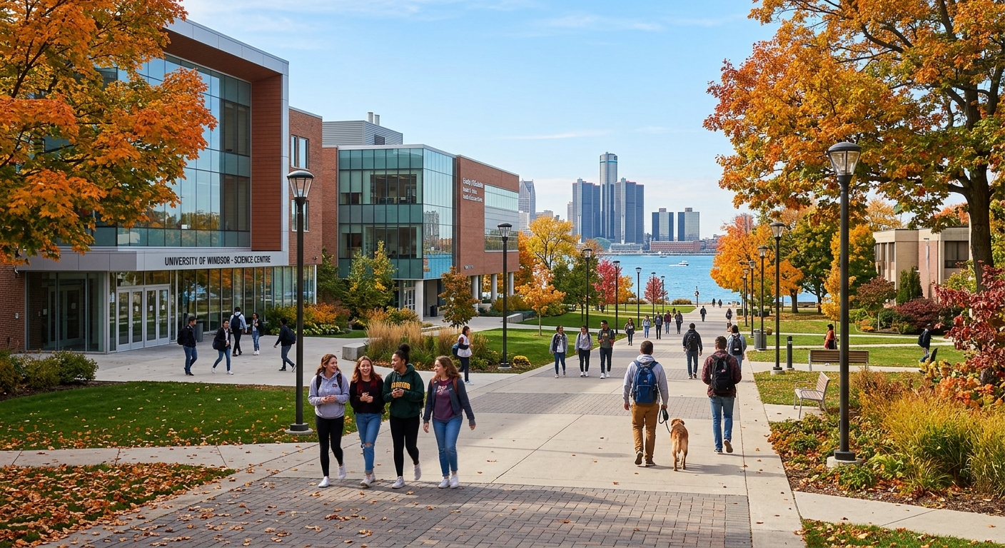 University of Windsor campus with modern science building and Faculty of Education, students walking along tree-lined pathways, Detroit River visible in the background, bright autumn day in Windsor Ontario Canada