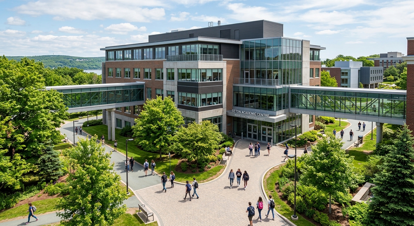 Seton Academic Centre at MSVU, a modern multi-storey academic building with large windows, connected walkways, students walking on paved paths surrounded by green trees
