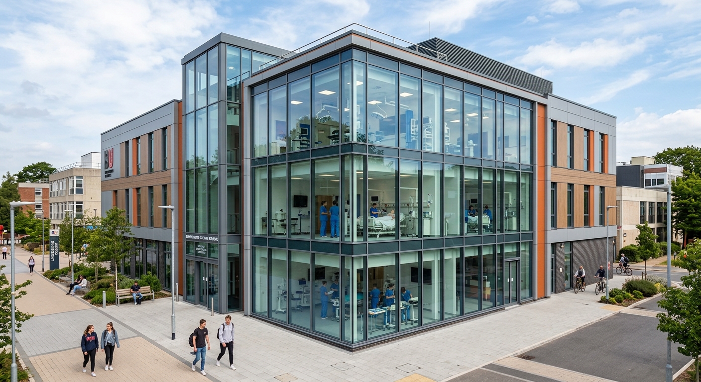 Bournemouth Gateway Building on Lansdowne Campus, contemporary architectural design with large windows and medical simulation facilities visible inside