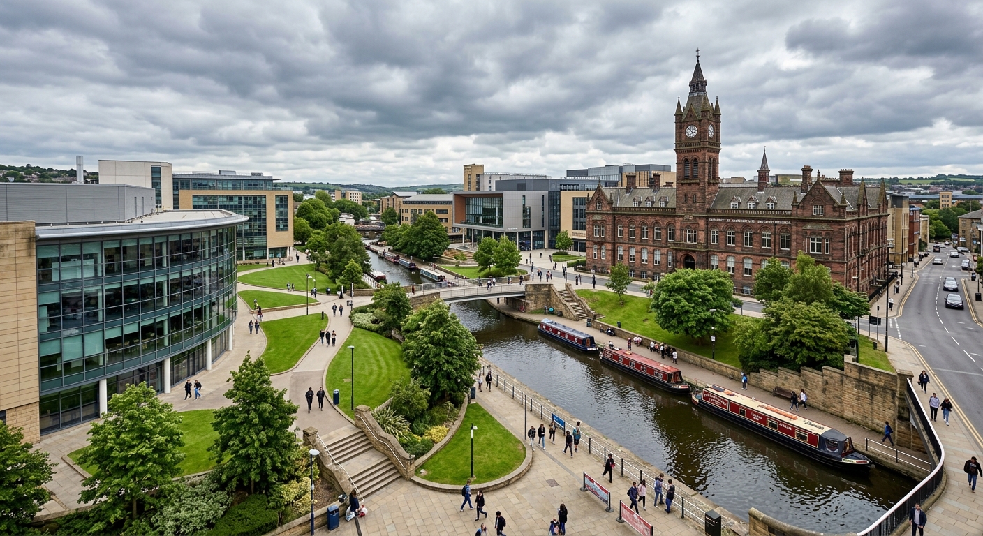 University of Huddersfield Queensgate campus wide shot, modern academic buildings alongside historic Ramsden Building, Narrow Canal visible, green lawns and pedestrian walkways, overcast Yorkshire sky