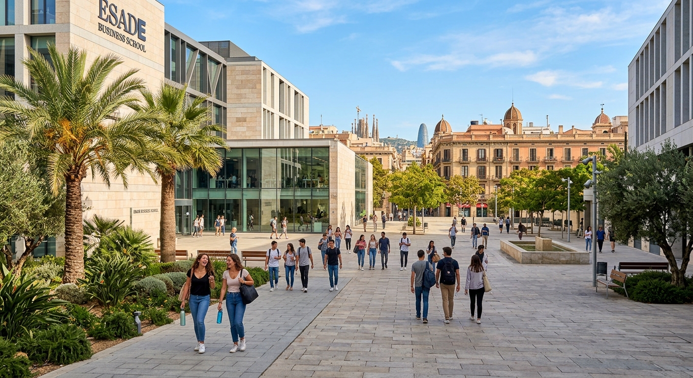 Modern business school building in Barcelona with students walking through a sunlit courtyard, Mediterranean architecture visible in the background, palm trees and blue sky