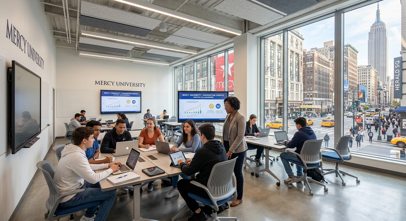 Mercy University Manhattan campus interior, modern open-plan classrooms with large windows overlooking Herald Square, contemporary furniture and technology-equipped learning spaces, bright natural lighting