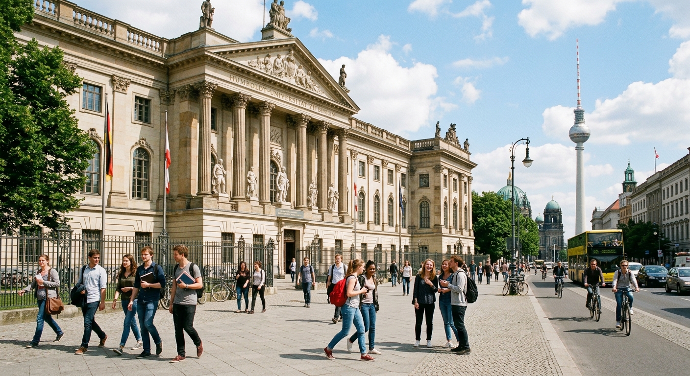 Humboldt University of Berlin historic main building on Unter den Linden boulevard with students walking in front, classical architecture with columns, Berlin cityscape in the background, sunny day