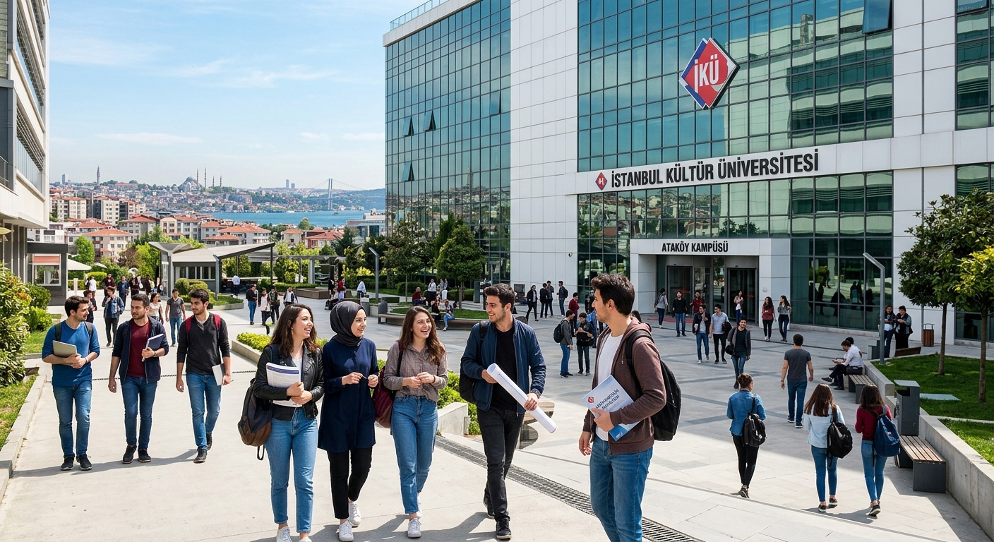 Modern Istanbul Kültür University Ataköy campus building with glass facade, engineering students walking through courtyard, Istanbul cityscape in background, bright sunny day