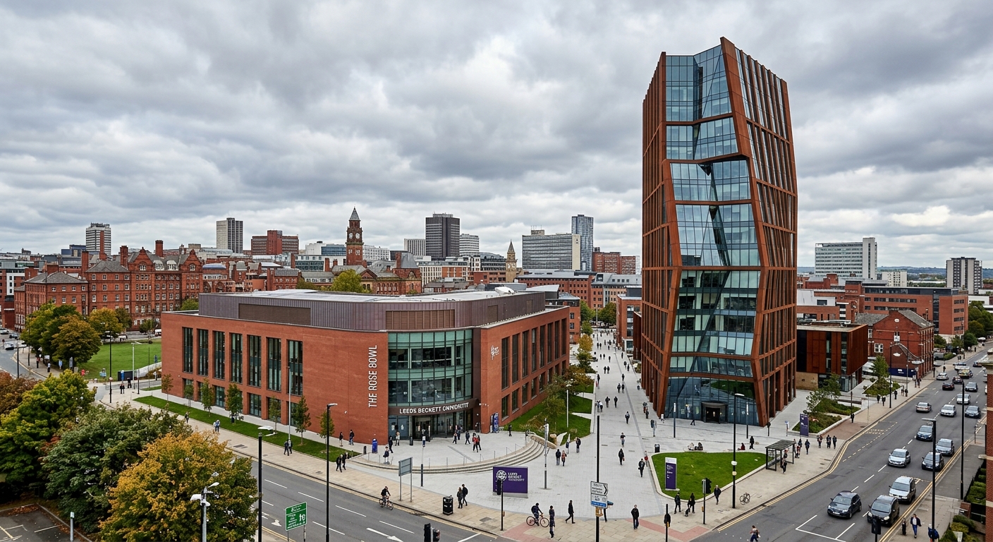 Leeds Beckett University City Campus wide shot, modern Broadcasting Place tower and Rose Bowl building, Leeds city centre skyline, red brick and glass architecture, overcast British sky