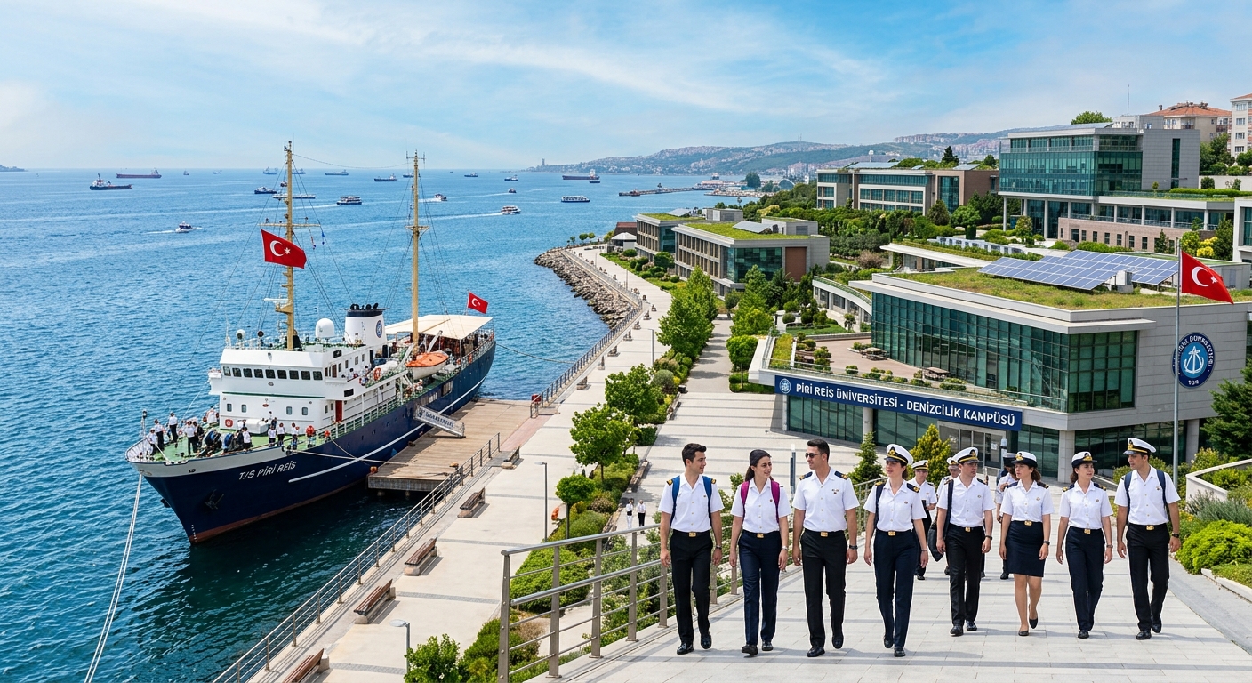 Piri Reis University maritime campus in Tuzla Istanbul with training ship docked at seaside, modern green campus buildings overlooking the Marmara Sea, students in naval uniforms walking along waterfront pathways