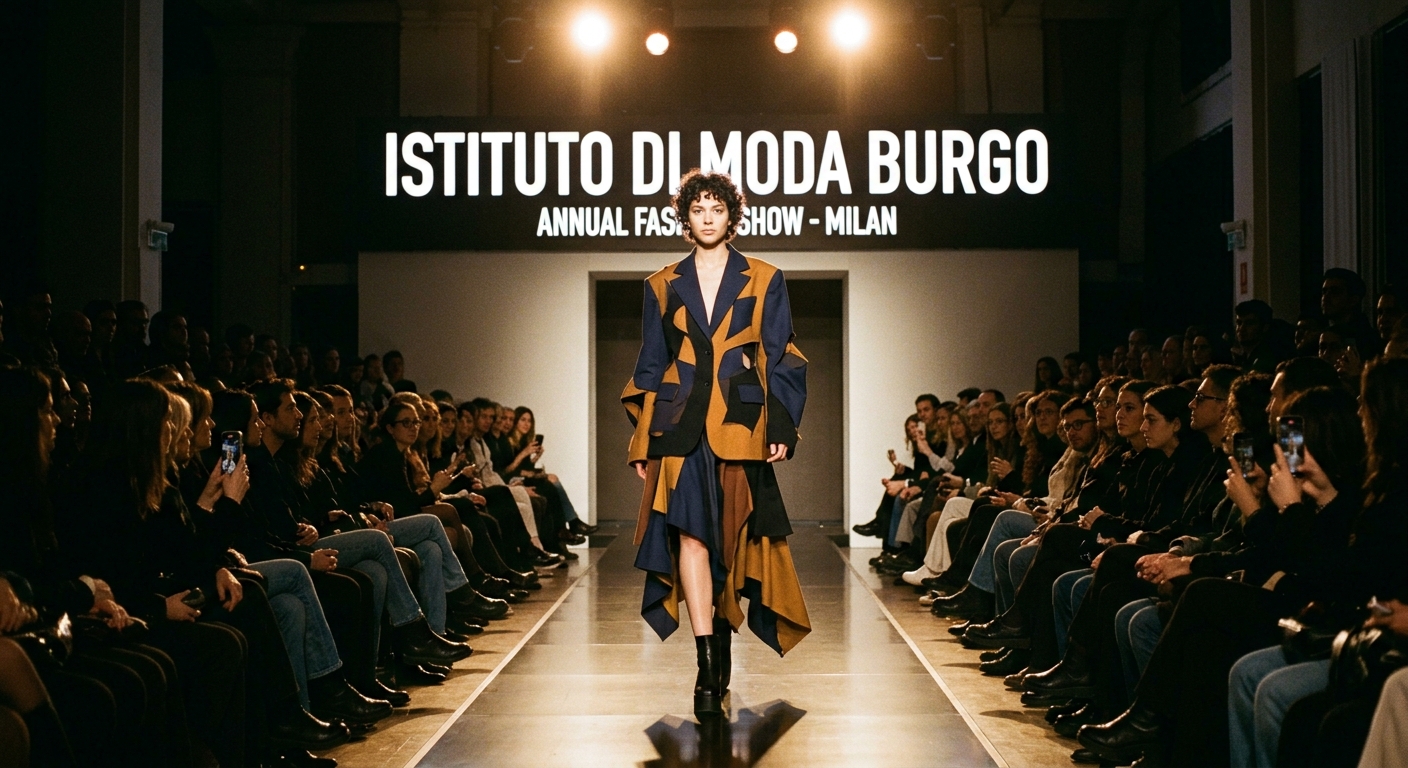 Istituto di Moda Burgo annual fashion show, student-designed garments on runway, audience watching, dramatic stage lighting, Milan venue