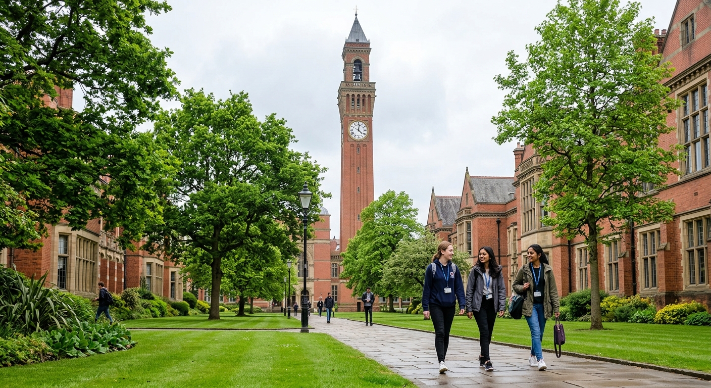 University of Birmingham Edgbaston campus with the iconic Old Joe clock tower in the background, engineering students walking past red-brick buildings, green lawns and mature trees, bright overcast English sky