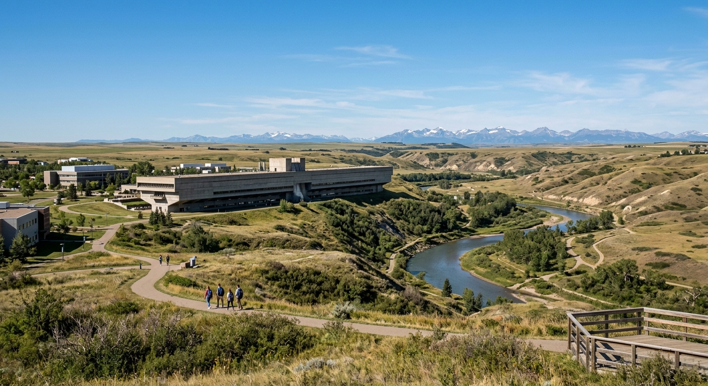University of Lethbridge campus overlooking the Oldman River valley in southern Alberta, modern Arthur Erickson designed university building set against prairie landscape with Rocky Mountain foothills in the distance, clear blue sky