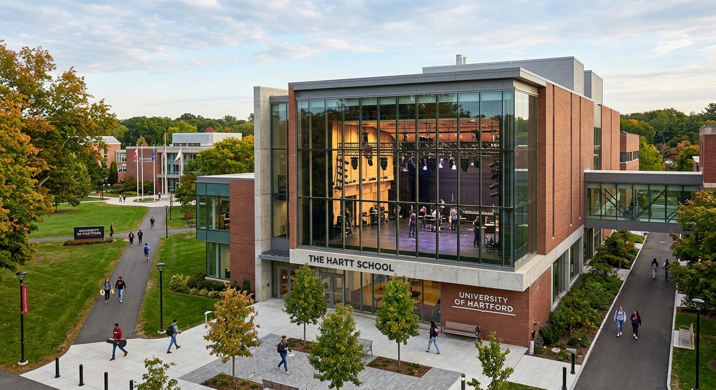 University of Hartford campus in West Hartford, Connecticut, with The Hartt School performing arts building, theatrical lighting equipment visible through large windows, green suburban campus with trees and modern architecture
