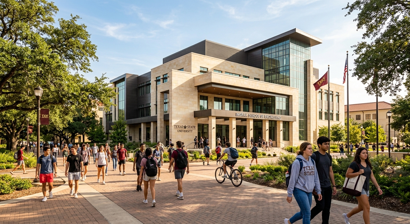 Texas State University Ingram School of Engineering campus building in San Marcos Texas, modern engineering facility with students walking along tree-lined pathways, warm sunlight, limestone architecture