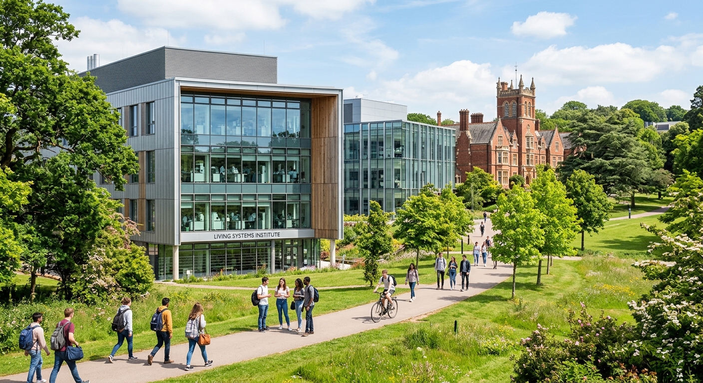 University of Exeter Streatham Campus with modern science buildings surrounded by green parkland, students walking along tree-lined pathways, historic architecture blending with contemporary laboratories, bright daylight