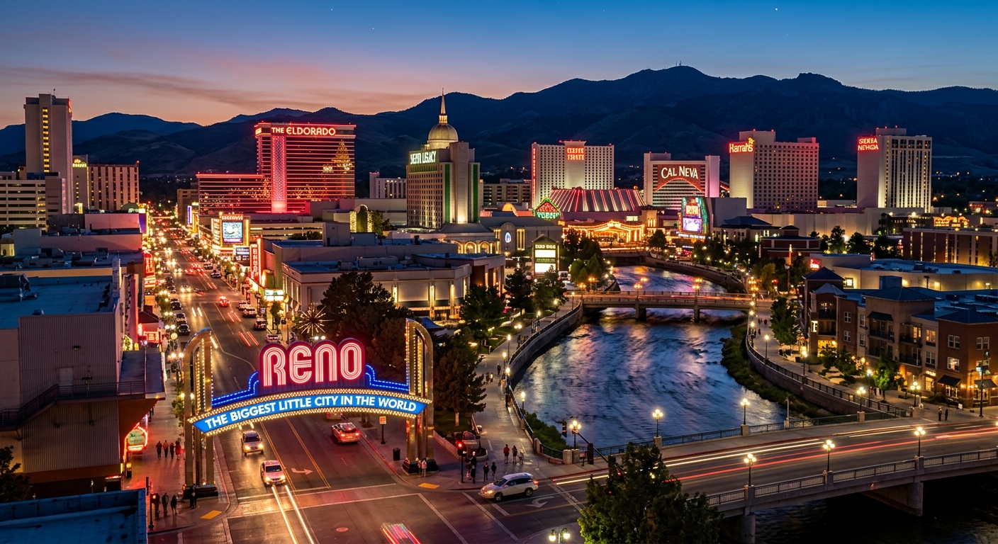 Downtown Reno Nevada skyline at dusk with the famous Reno Arch, city lights, casinos, Truckee River flowing through downtown, Sierra Nevada mountains in the background