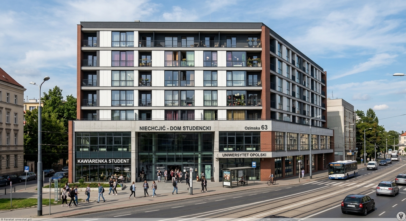 Student dormitory building at Ozimska 63 in Opole, a modern multi-story building along a main city street with residential floors visible above academic spaces