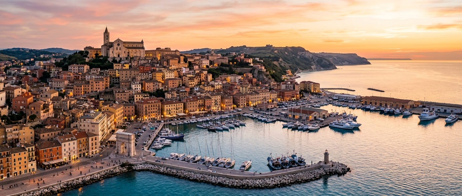 Panoramic view of Ancona harbour and Adriatic Sea coastline, historic port city with colourful buildings cascading down hillside, cathedral on hilltop, boats in harbour, golden hour light