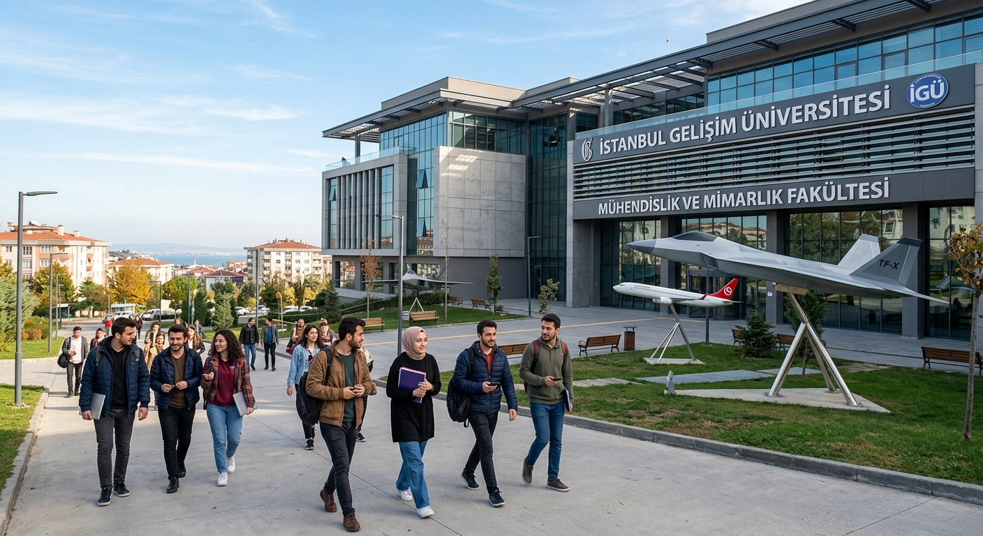 Modern university campus building of Istanbul Gelisim University with engineering students walking near the Faculty of Engineering and Architecture, aircraft models displayed outdoors, clear blue sky over Istanbul's Avcilar district