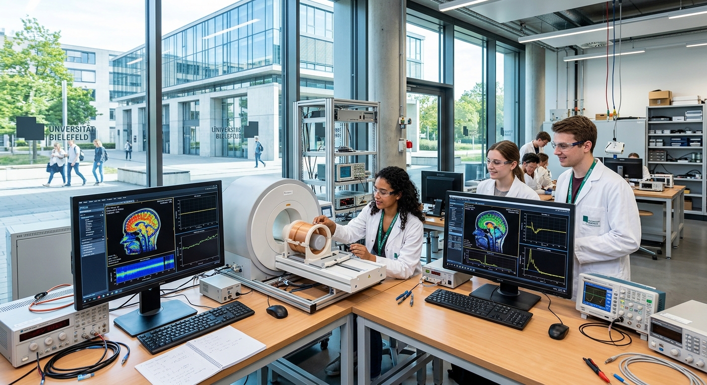 Modern physics laboratory at Bielefeld University with students working on medical imaging equipment, bright lighting, open campus architecture with large glass windows, scientific instruments and computer screens displaying medical scans