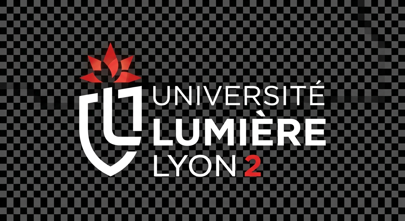 Université Lumière Lyon 2 official logo, stylized text with red and white color scheme on transparent background