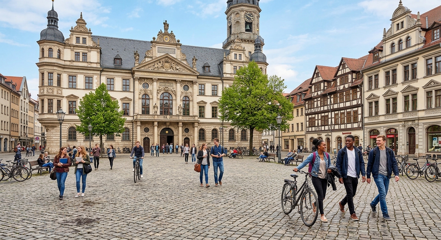 Historic Universitätsplatz square in Halle with the Löwengebäude main university building, baroque architecture, students walking across the cobblestone square